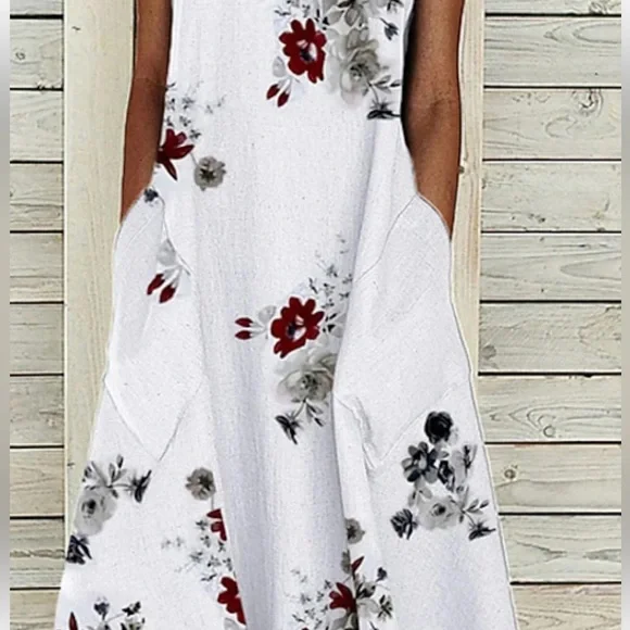 Floral A LINE Crew Neck MIDI DRESS with Pockets Women Size Small White NWOT - Picture 2 of 7